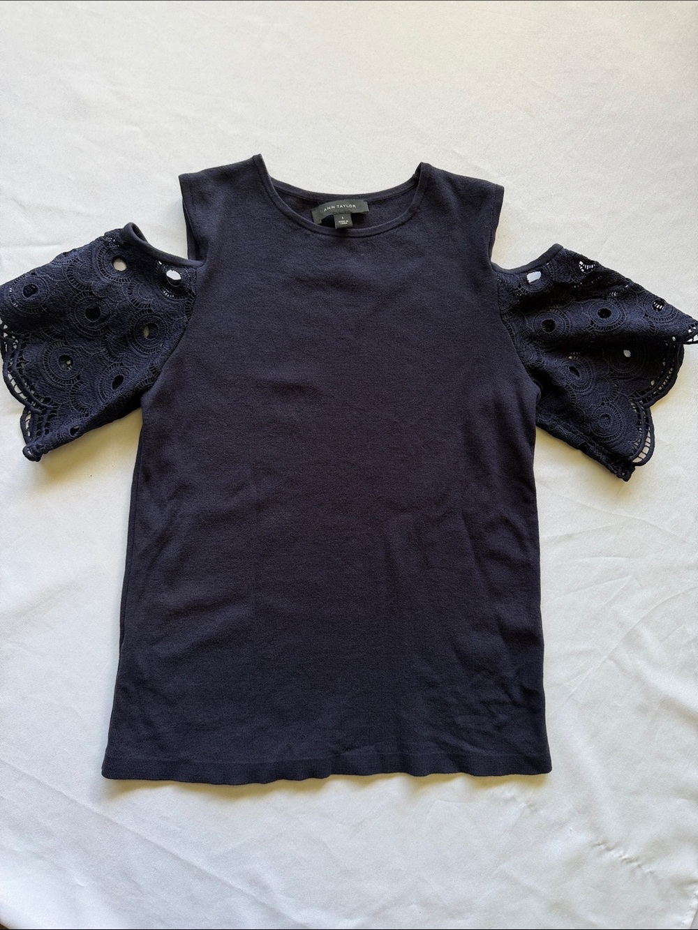 Ann Taylor Navy Cold-Shoulder Lace Sleeve Top. Size S.
